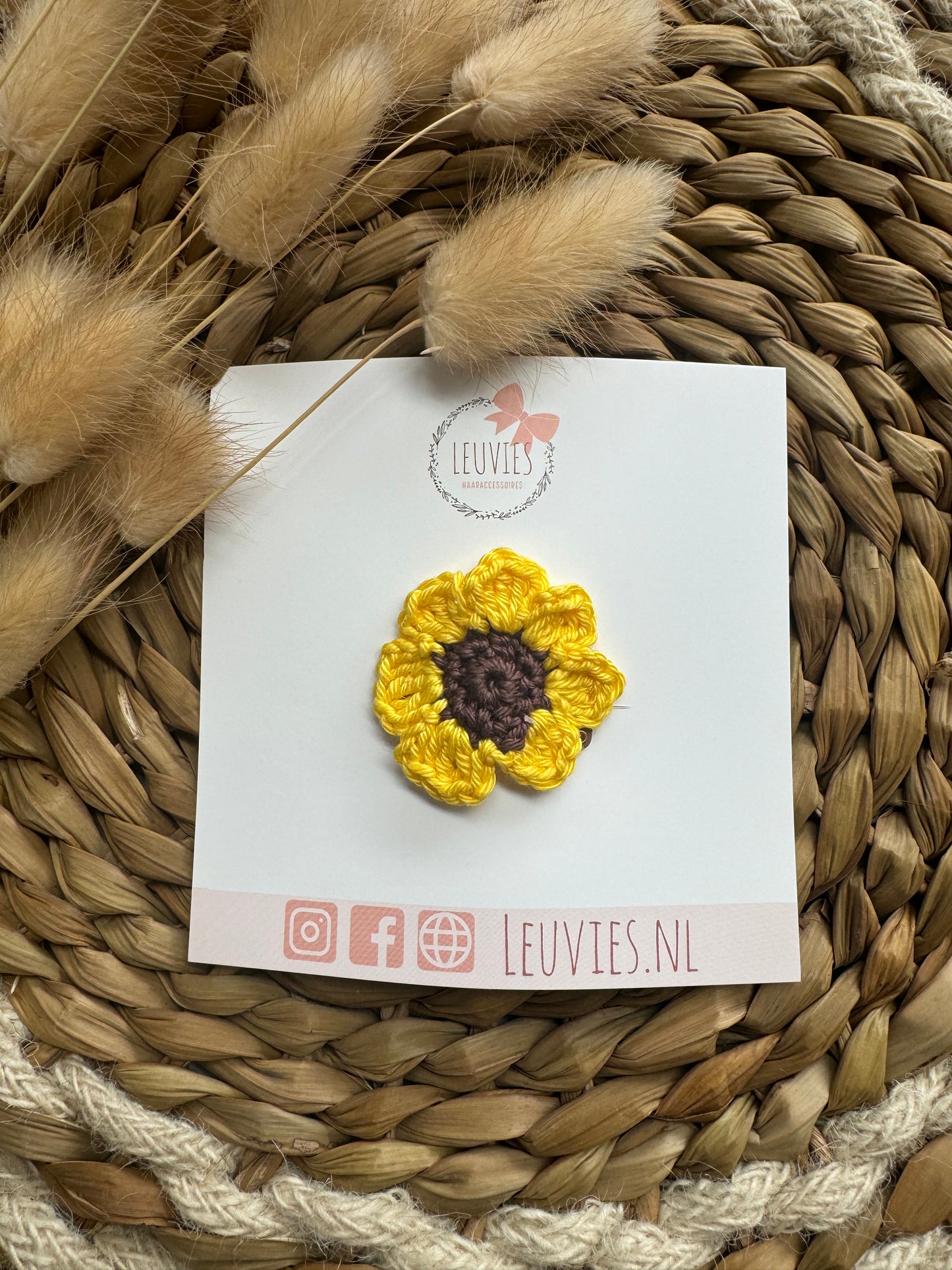 antislip haarspeldje babyspeldje zonnebloem gehaakt bloem bruin geel zomer anti slip