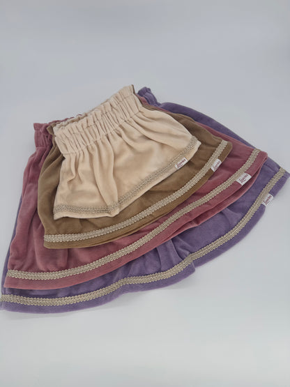 luxe pietenrokjes passend bij de pietenpakken met verstelbaar elastiek, nicky velours, creme, beige, oudroze, lila.